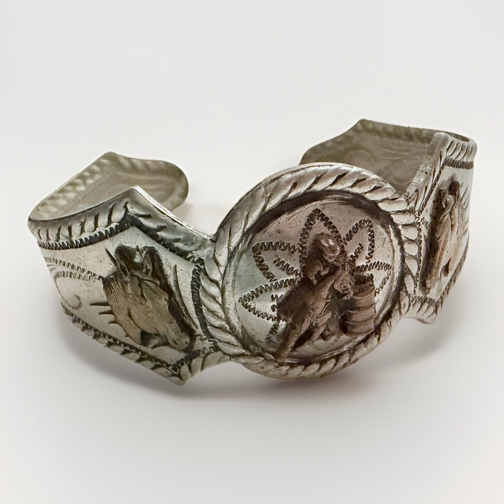 Vintage Silver Tone Barrel Racer Cuff Bracelet Horse Rodeo Cowboy Cowgirl